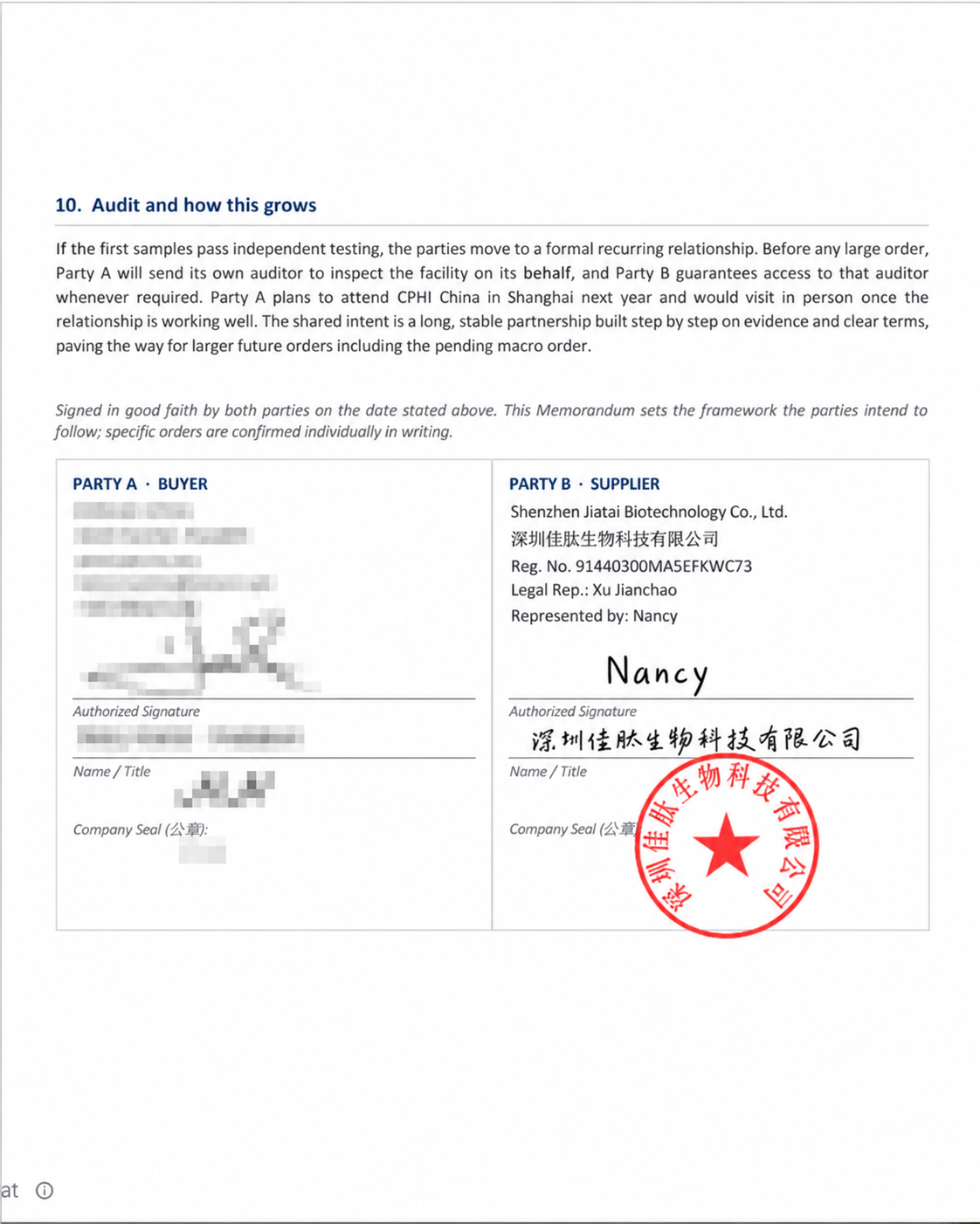 EV-11 · Memorando firmado a nombre de Shenzhen Jiatai